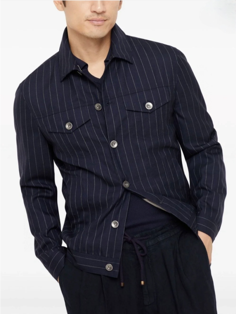 Brunello Cucinelli Virgin Wool Chalk Stripe Jacket Limited Edition Blue