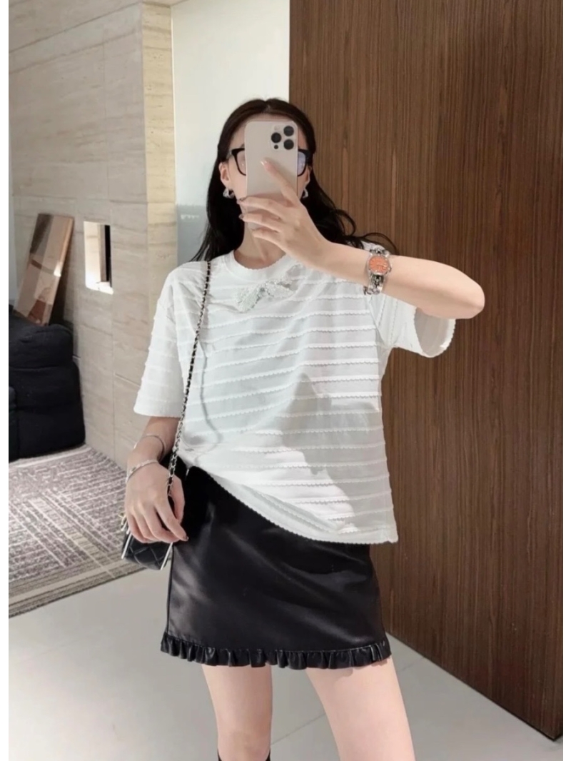 Chanel Spring 2025 Bow Embellished Rhinestone Short-Sleeve Top