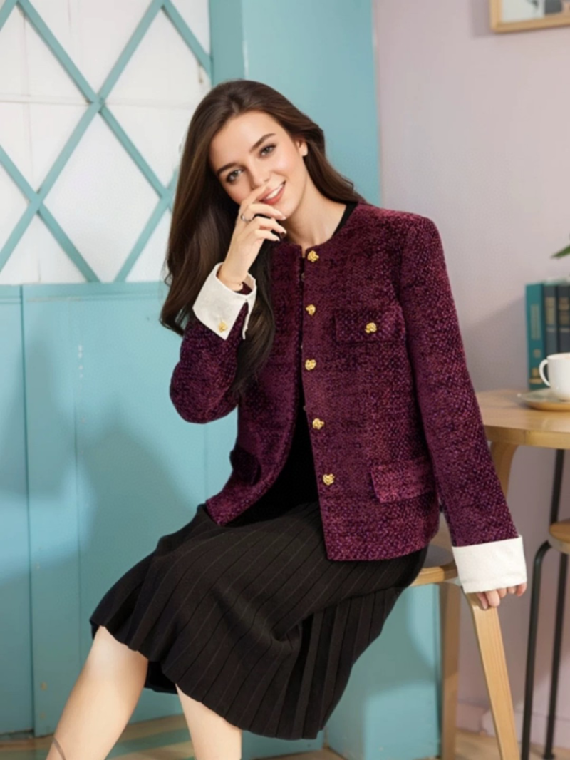 Celine Purple Four-Pocket Wool Blend Tweed Jacket with Detachable Contrast Cuffs