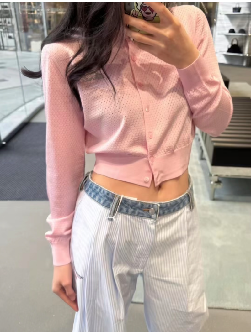 Alexander Wang Mesh Knit Button Cardigan – 3D Logo Detail Pink