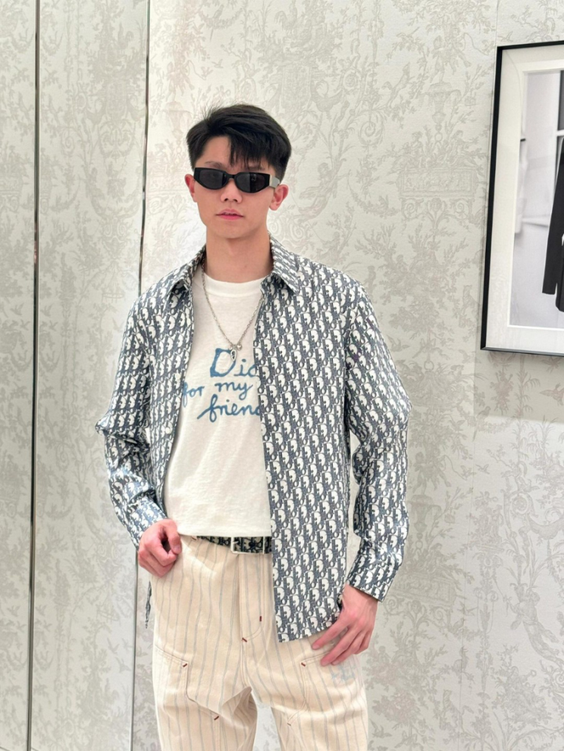 Dior Men"s Long-Sleeved Button-Up Shirt in White with Navy CD Monogram Print