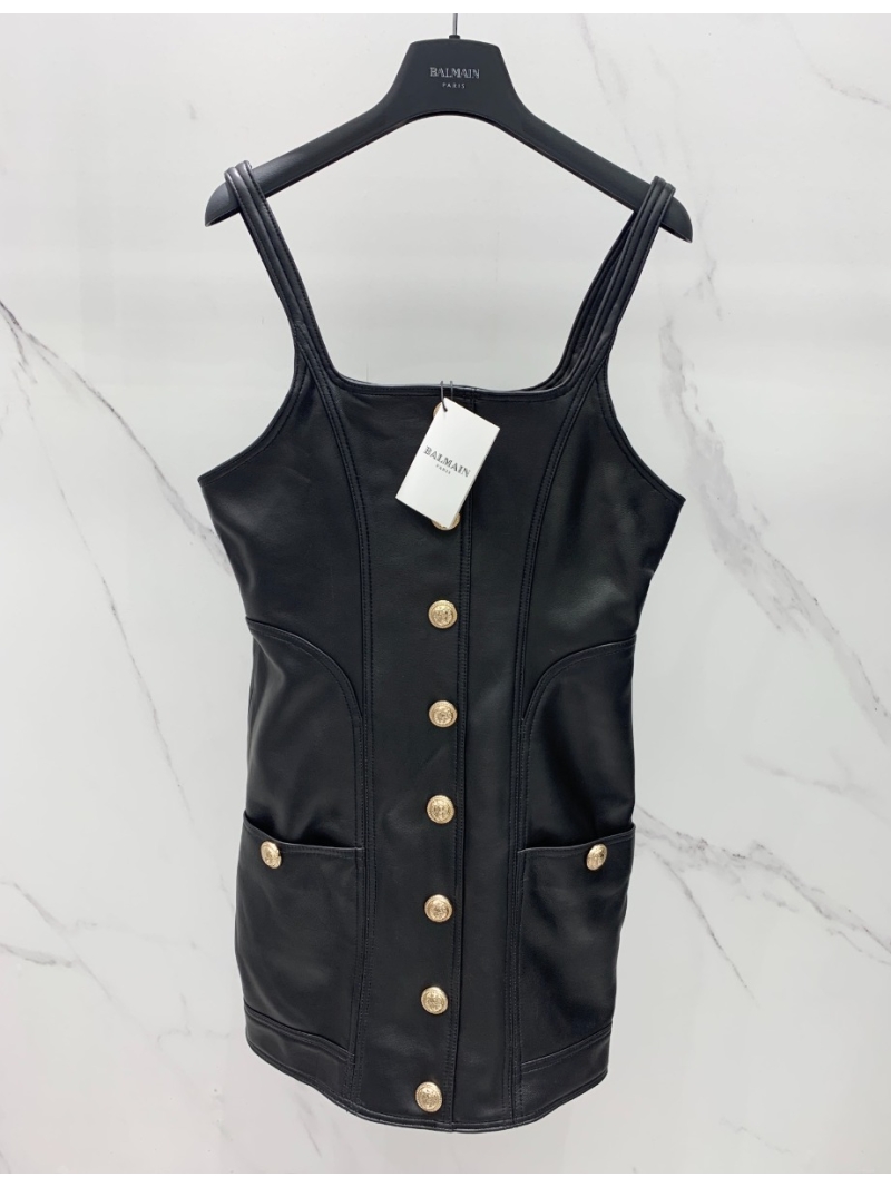 Balmain Imported Sheepskin Leather Dress with Lion Head Embellishments