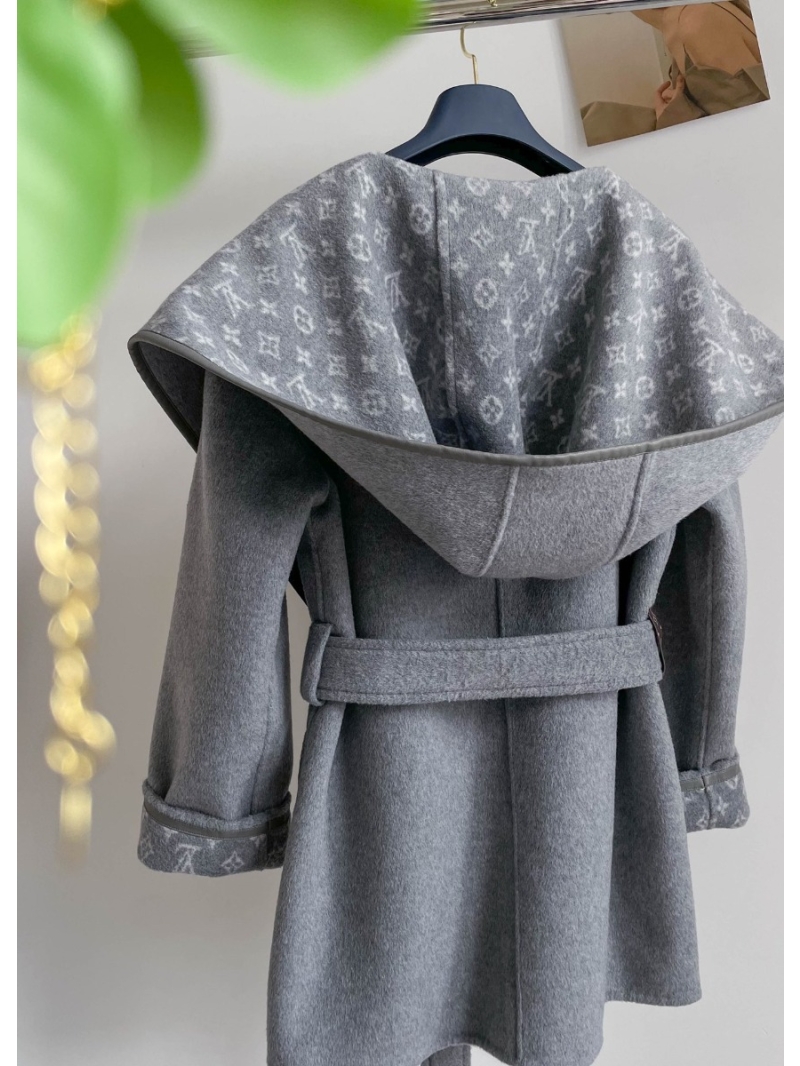 Louis Vuitton LV Classic Monogram Wool Hooded Coat - Double-sided Wear, Belted Monogram, Short Style Grey