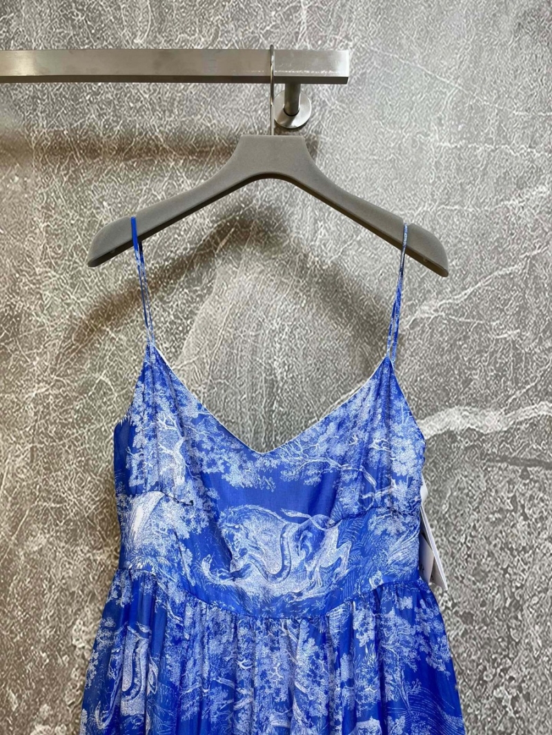 Dior Lake Blue Chiffon Spaghetti Strap Dress with Animal Sketch Print