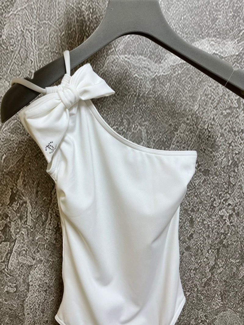 Chanel One-Shoulder Swimsuit with Bow Accent White