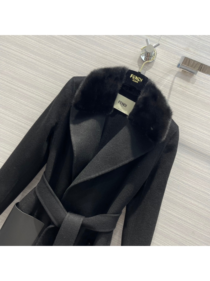 Fendi FF Classic Mink Fur Collar Wool Coat