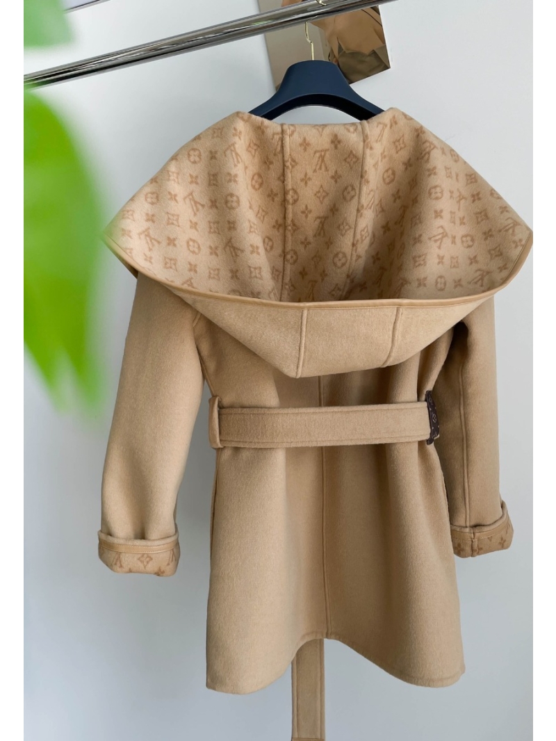 Louis Vuitton LV Classic Monogram Wool Hooded Coat - Double-sided Wear, Belted Monogram, Short Style Beige