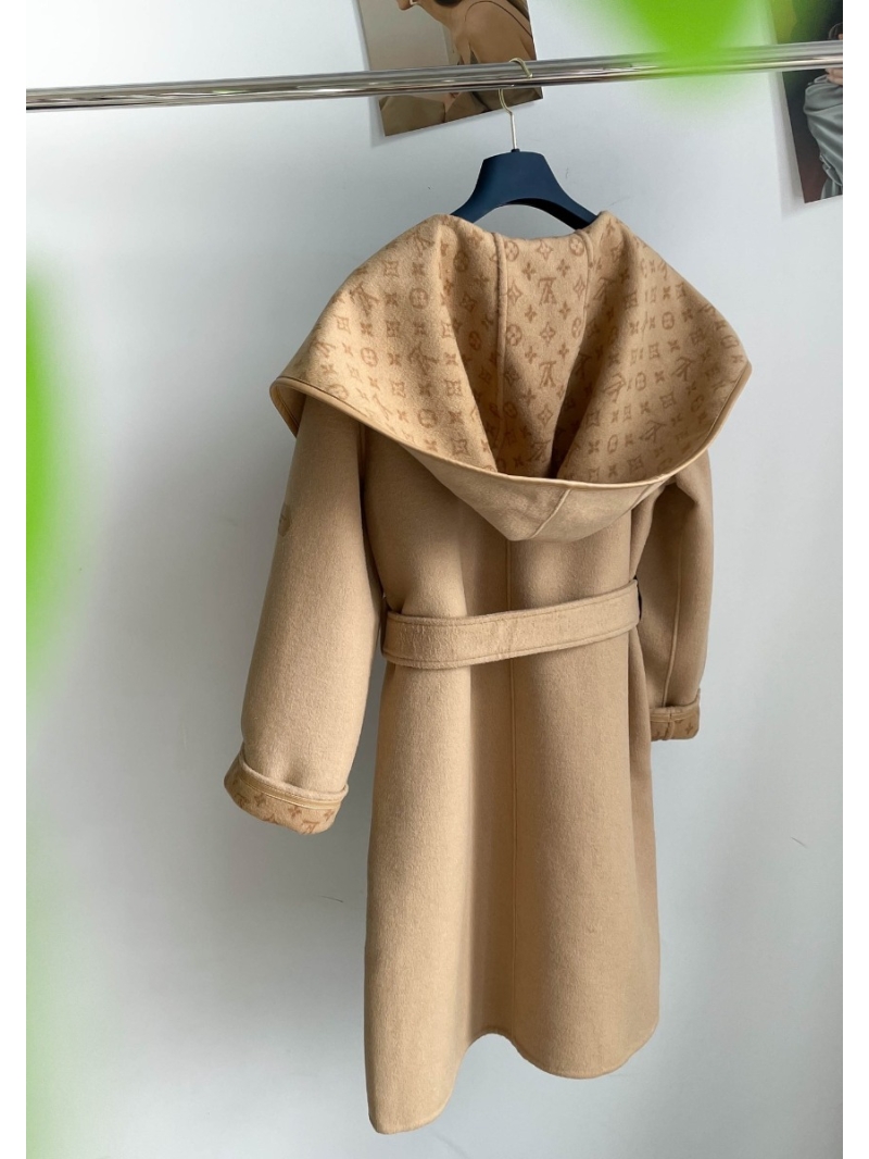 Louis Vuitton LV Classic Monogram Wool Hooded Coat with Reversible Wear and Belted Letter Design Beige