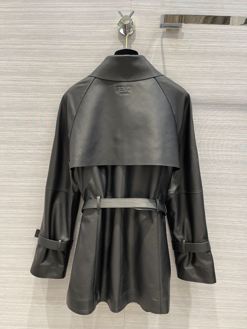 Fendi Elegant Long Leather Trench Coat with Waist Belt Black
