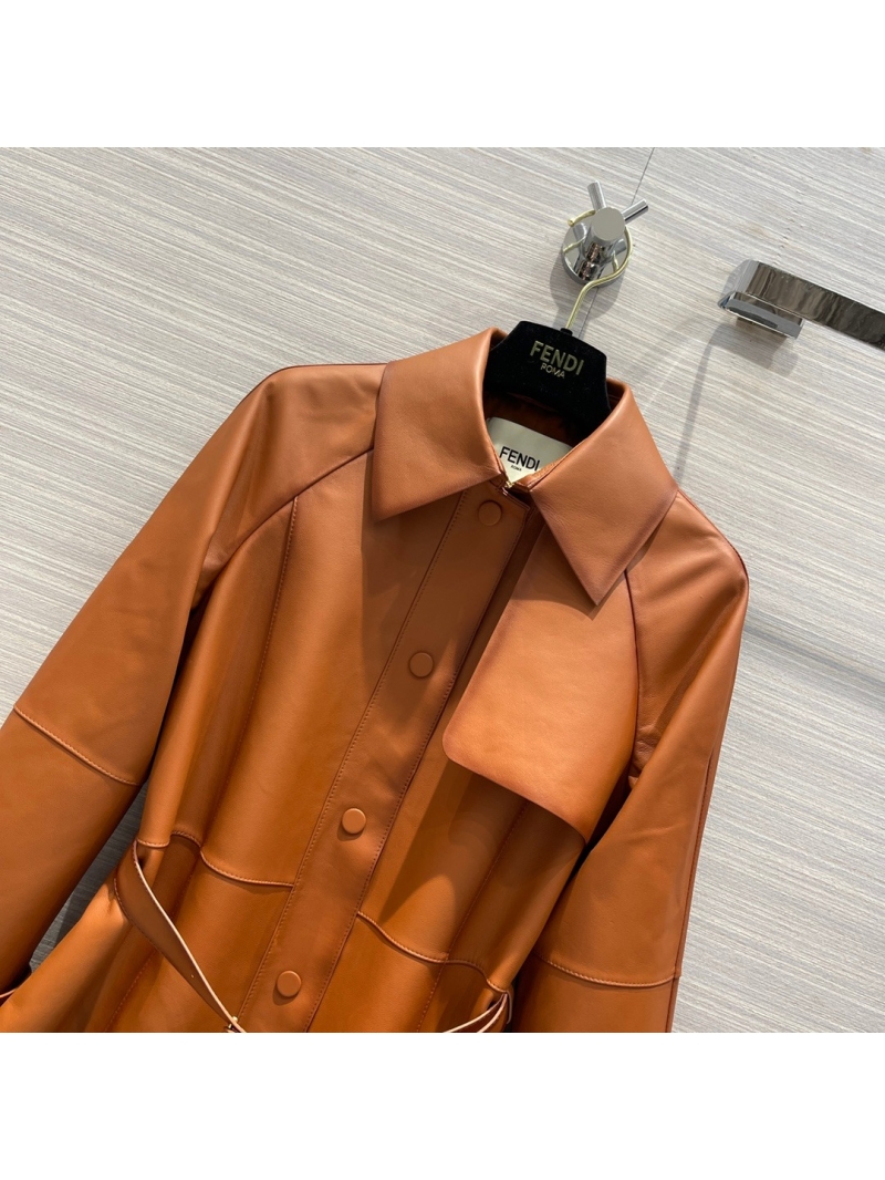 Fendi Pre-Fall Collection Elegant Belted Leather Trench Coat in Rich Camel