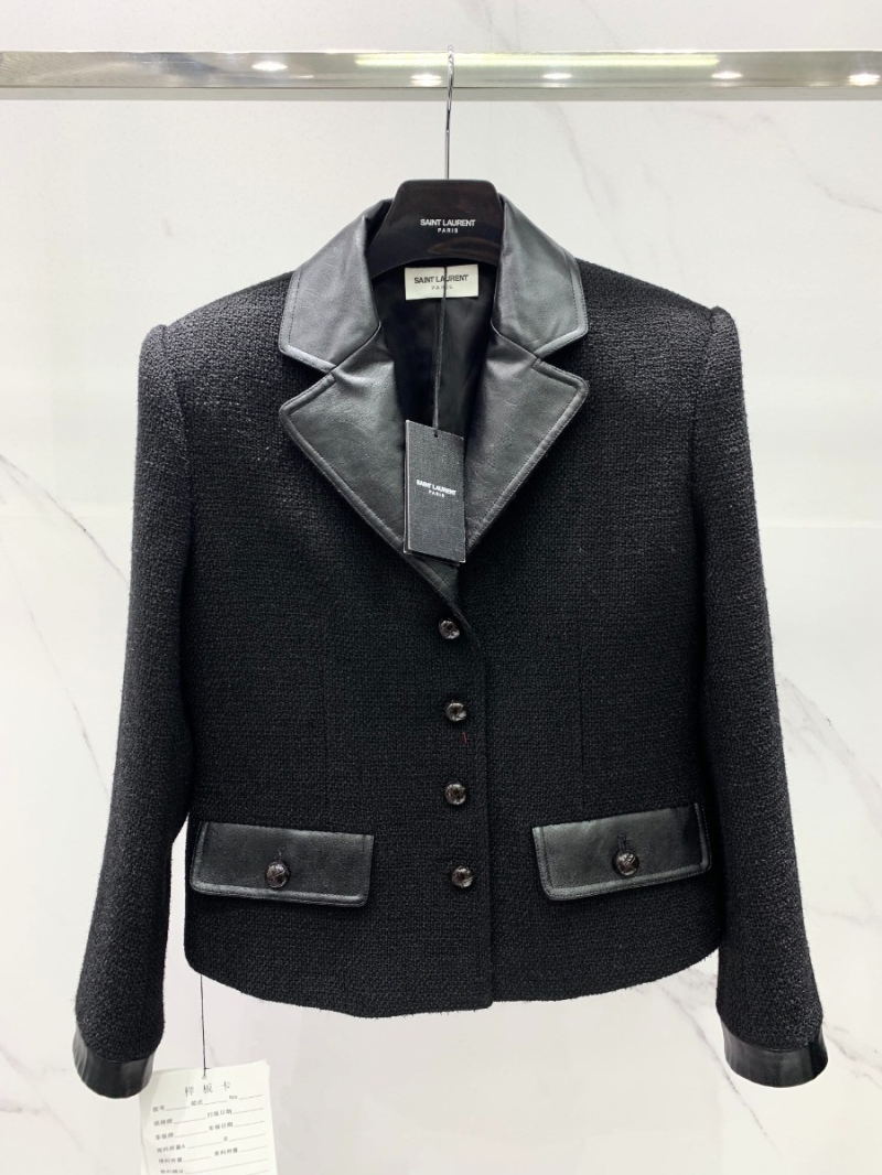 SAINT LAURENT Shiny Wool and Leather Suit Set: Coat Paired with Side-Slit Long Skirt