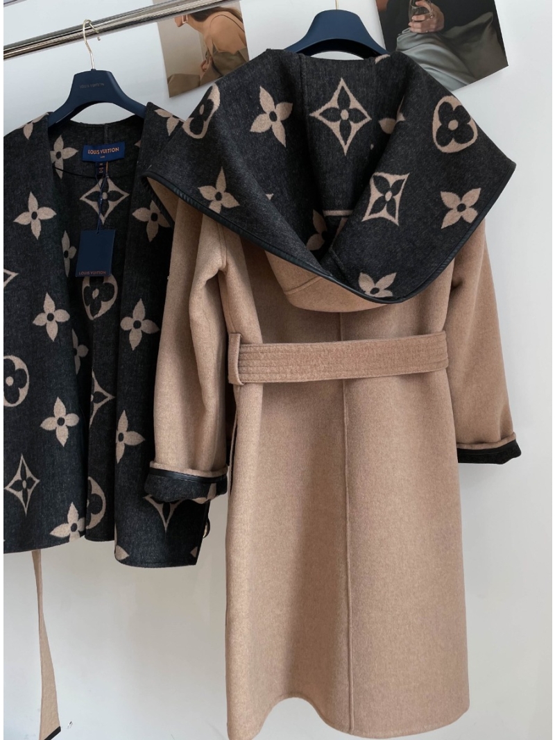 Louis Vuitton LV Classic Monogram Wool Hooded Coat  Black beige