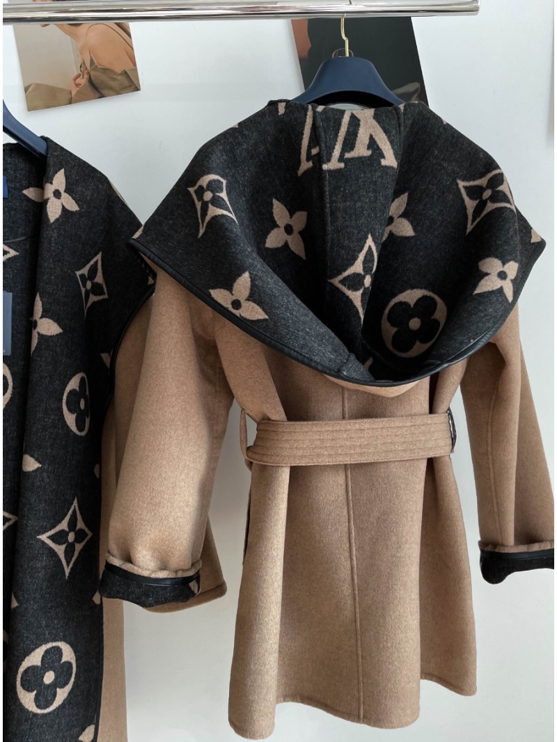 Louis Vuitton LV Classic Monogram Wool Hooded Coat (Short, Reversible) Black and Beige
