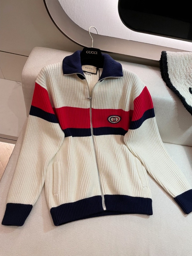 Gucci GG Knit Zip-Up Jacket in Red, Navy, and Ivory