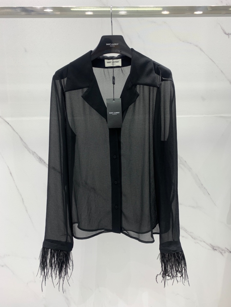 SAINT LAURENT YSL Ostrich Feather Trim Chiffon Blouse