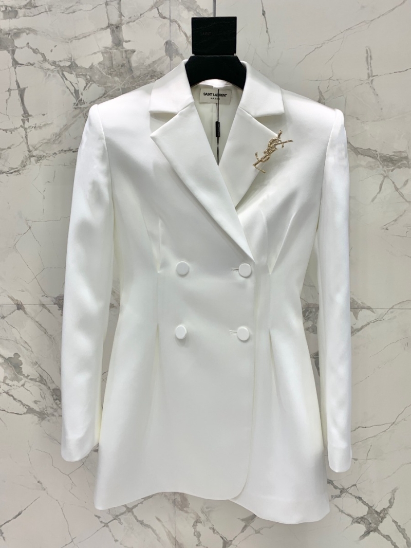 Saint Laurent YSL Cinched Waist Tuxedo Dress. White