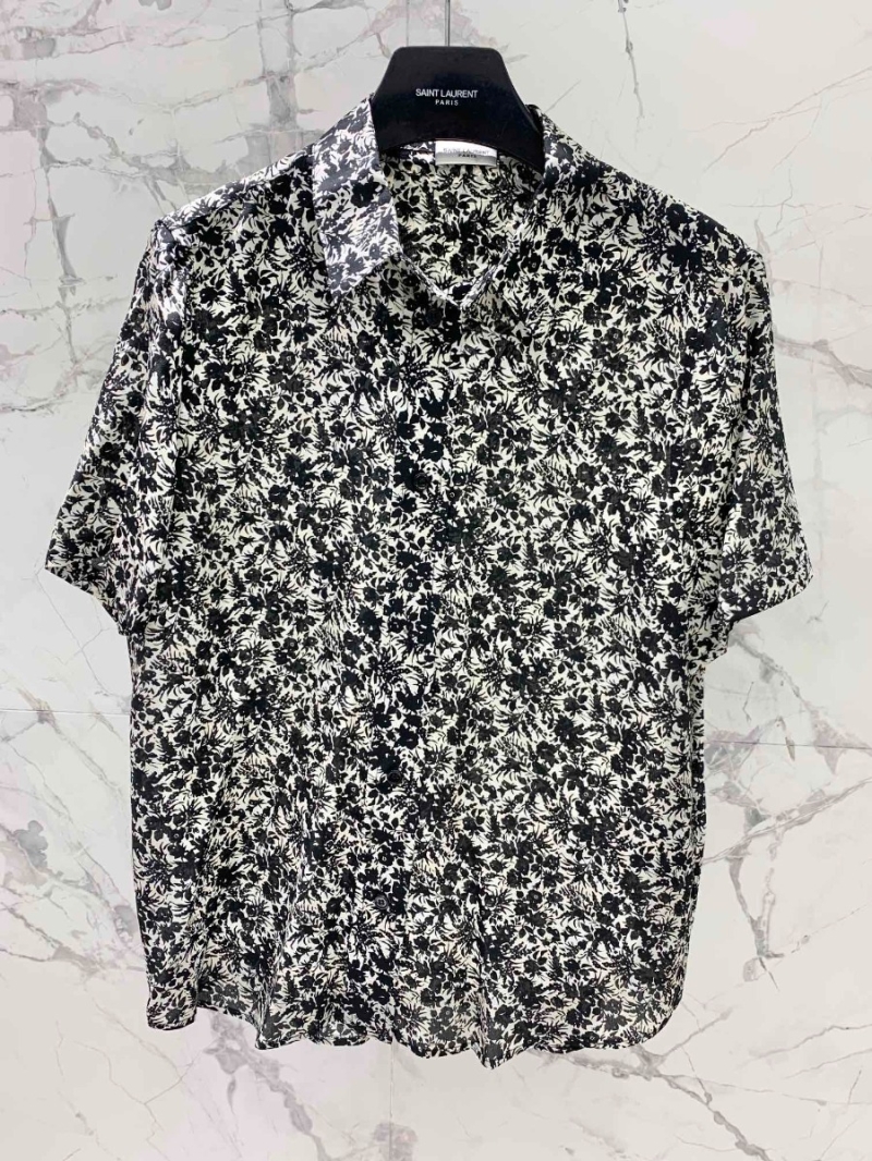 Saint Laurent Orchid Print Silk Short-Sleeve Shirt - Black and White