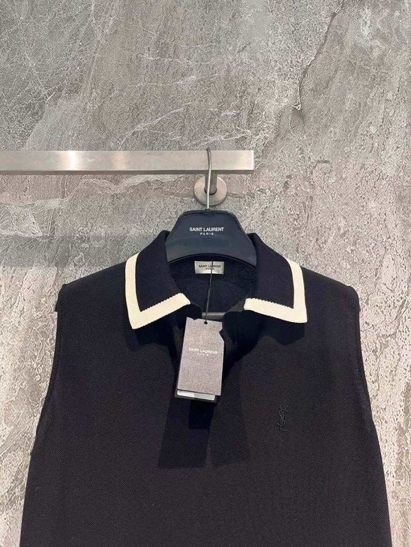 Saint Laurent Recycled Cotton Sleeveless Polo Shirt - Contrast-Collar Tank in Black/White