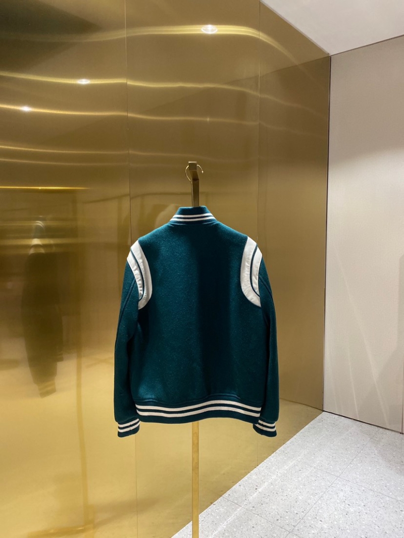 YSL Saint Laurent Paris Classic Wool Lambskin Baseball Jacket Dark Green