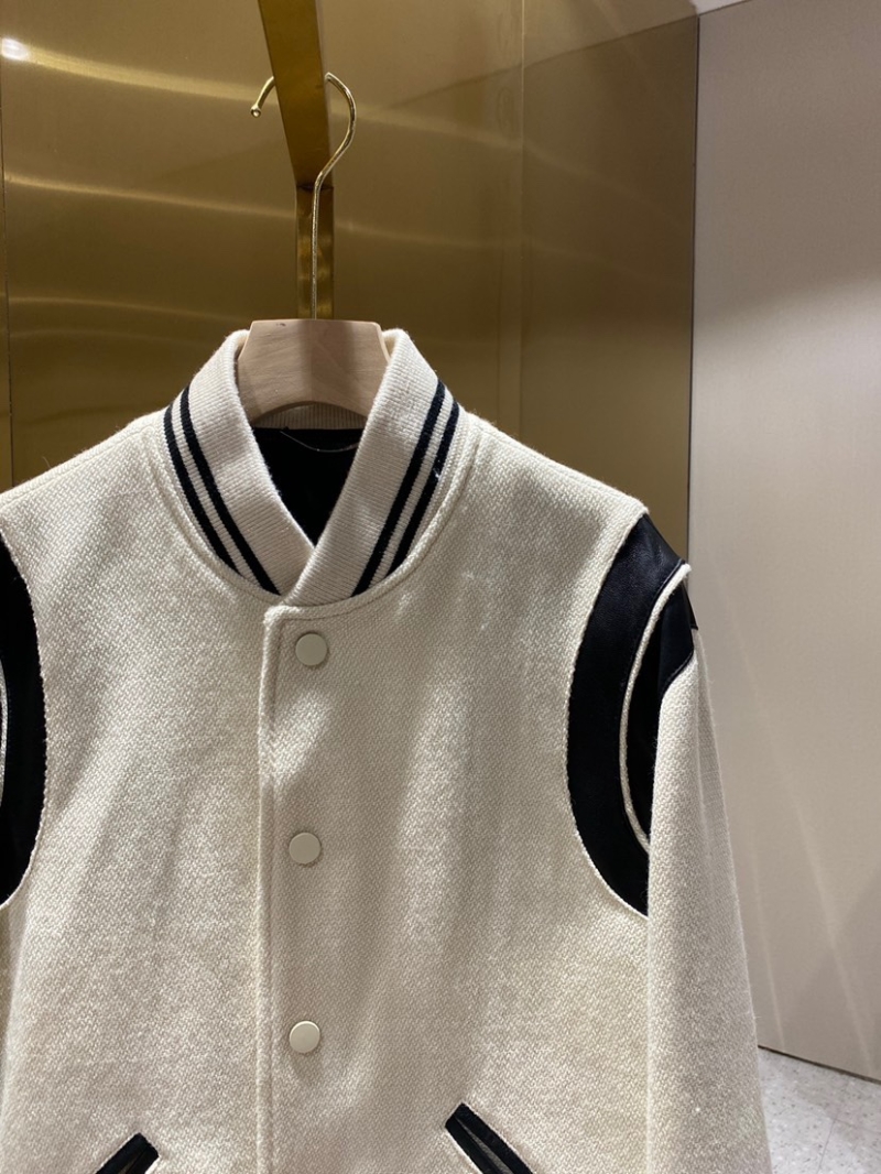 YSL Saint Laurent Paris Classic Wool Lambskin Baseball Jacket Beige