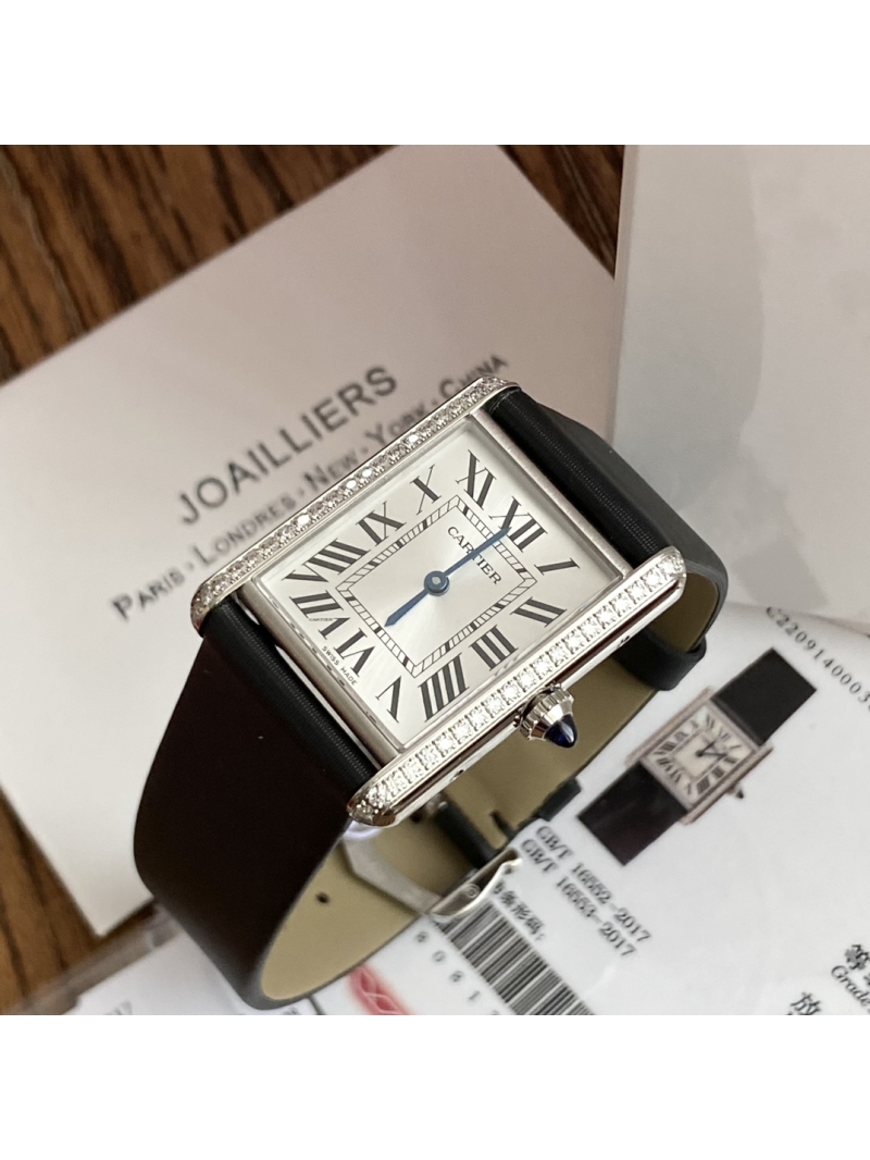 Cartier TANK MUST Watch Real Diamonds Large Model Quartz W4TA0017 brushed calfskin strap Silvered