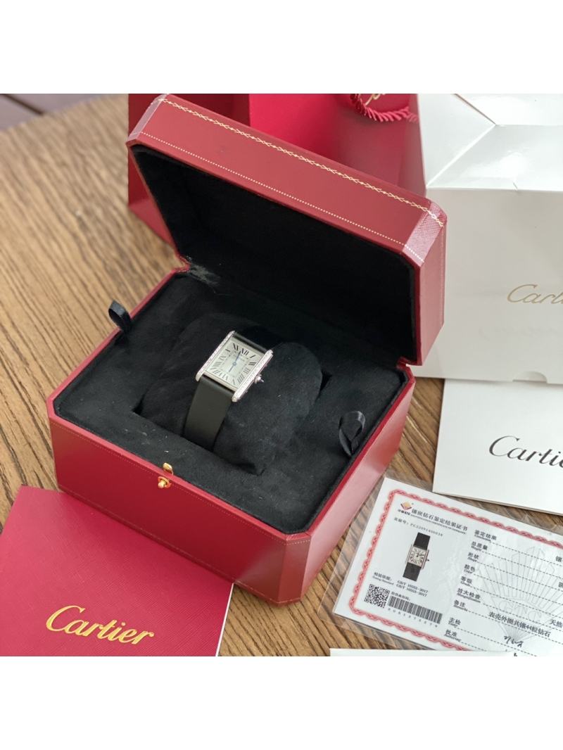 Cartier TANK MUST Watch Real Diamonds Small Model Quartz W4TA0016 brushed calfskin strap Silvered