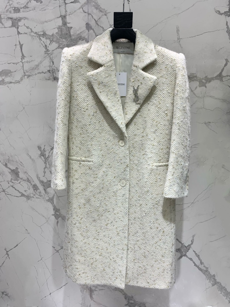 VALENTINO Haute Couture Pure Wool Coat with Silver and Gold Thread Fish Scale Texture White