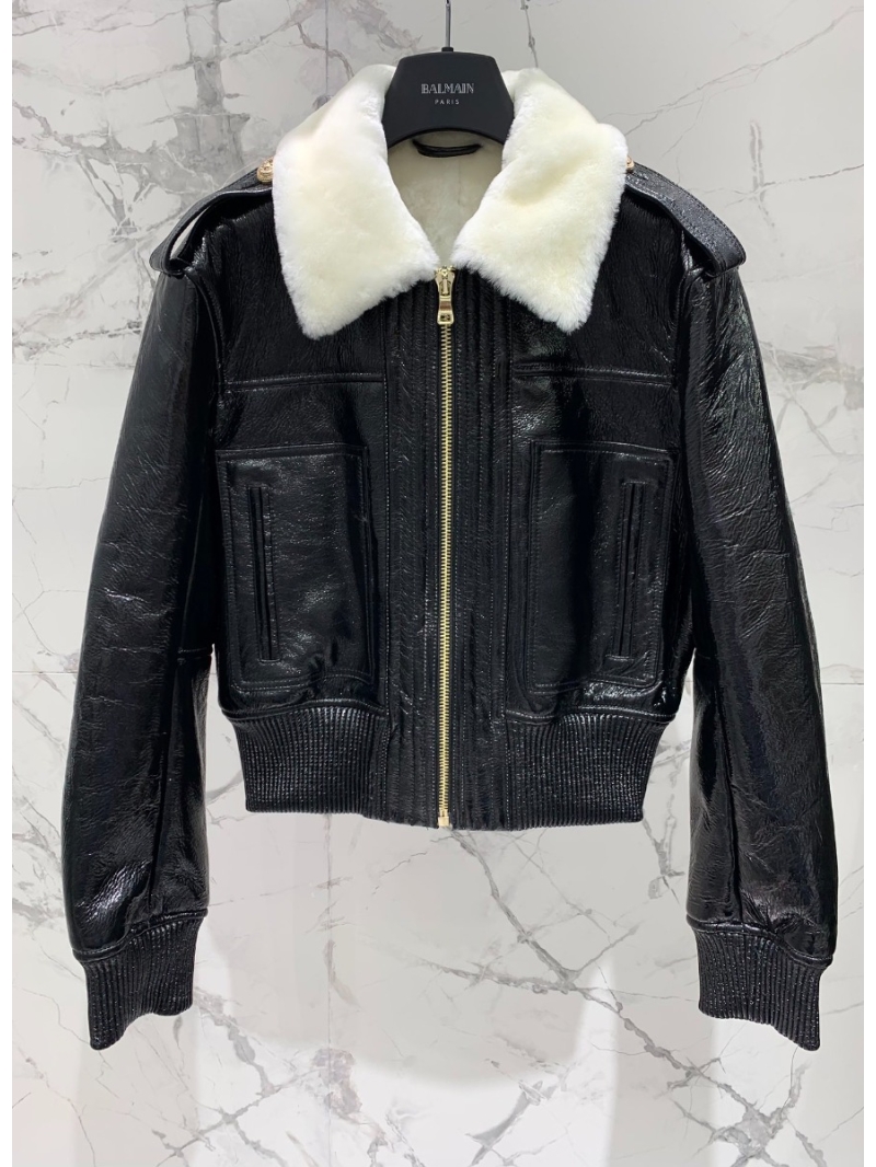 BALMAIN 2023 New Patent Leather and Fur Combo Jacket