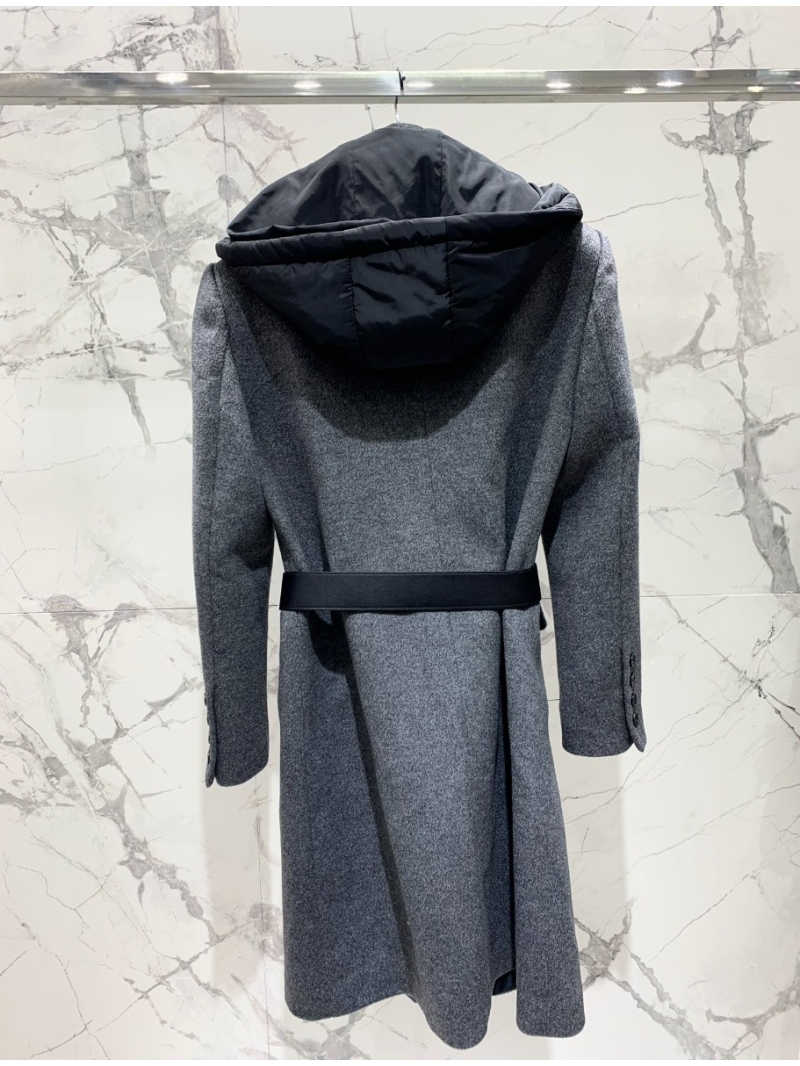 PRADA Space Grey Wool Coat with Detachable Hood and Leather Belt