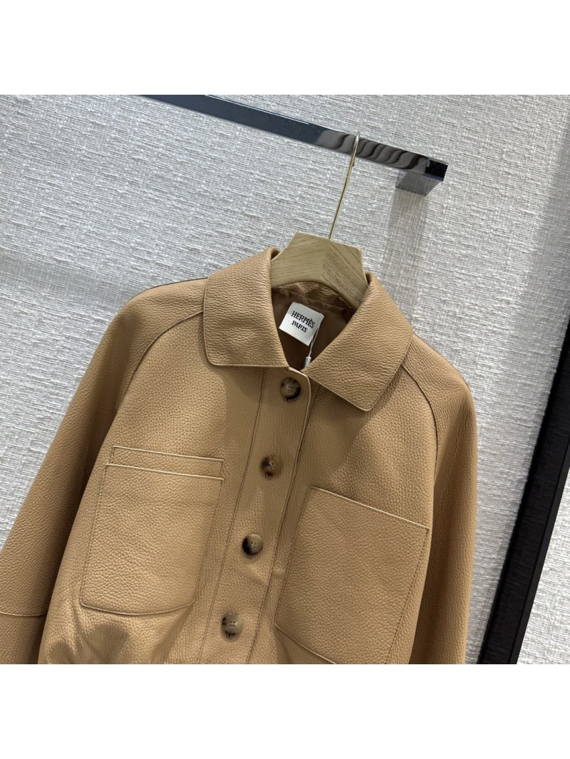 Hermes Top-Grade Lychee-Patterned Lamb Leather Jacket Tan