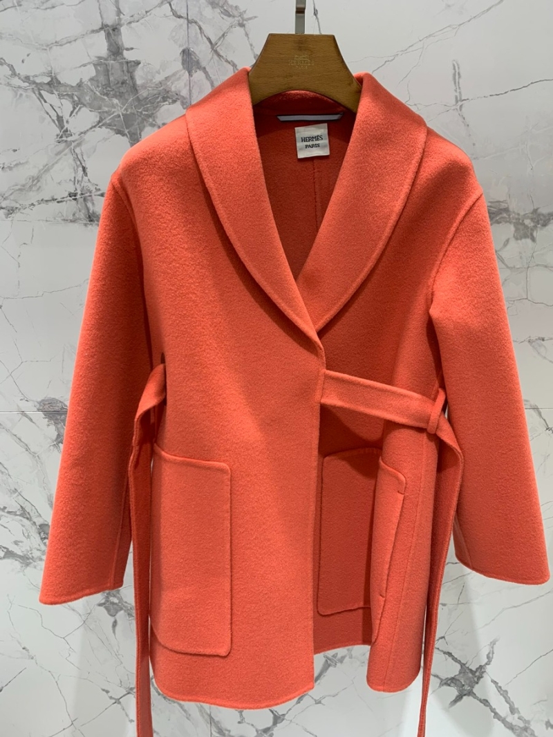 Hermes Cashmere Coat with Tie Belt - Short Style 2023 Collection Orange