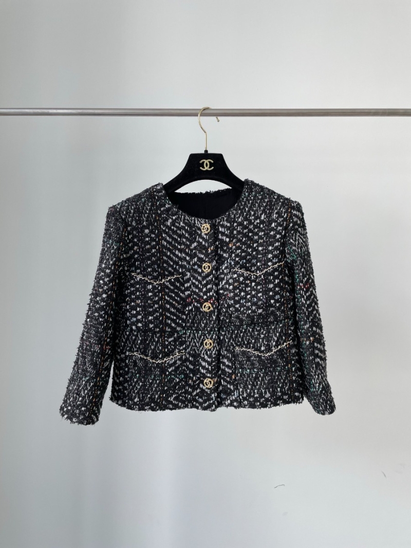 CHANEL Colorful Woven Round Neck Wool Short Coat with Chain Detail