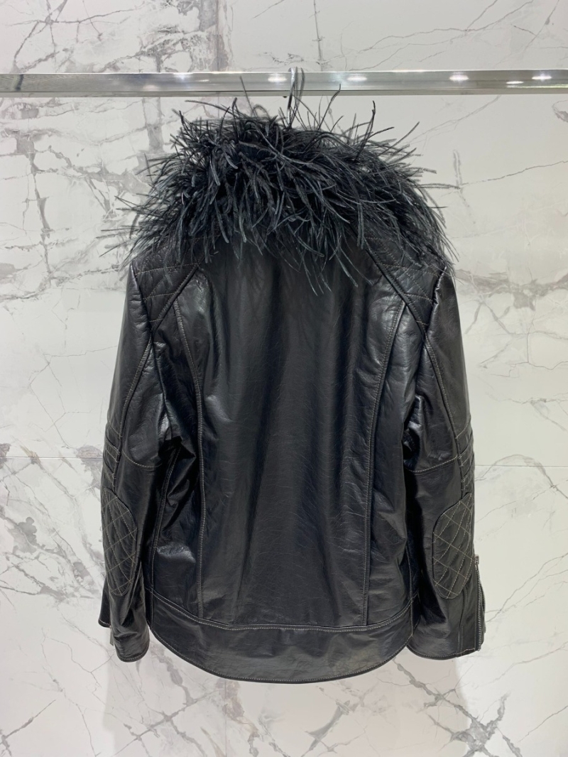 SAINT LAURENT YSL Ostrich Feather Collar Leather Biker Jacket