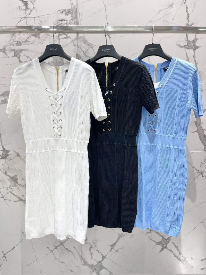 Balmain V-Neck Lace-Up Shoulder-Padded Bodycon Dress