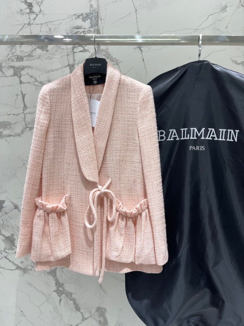 Balmain Ruffle Pocket Tie Blazer Pink