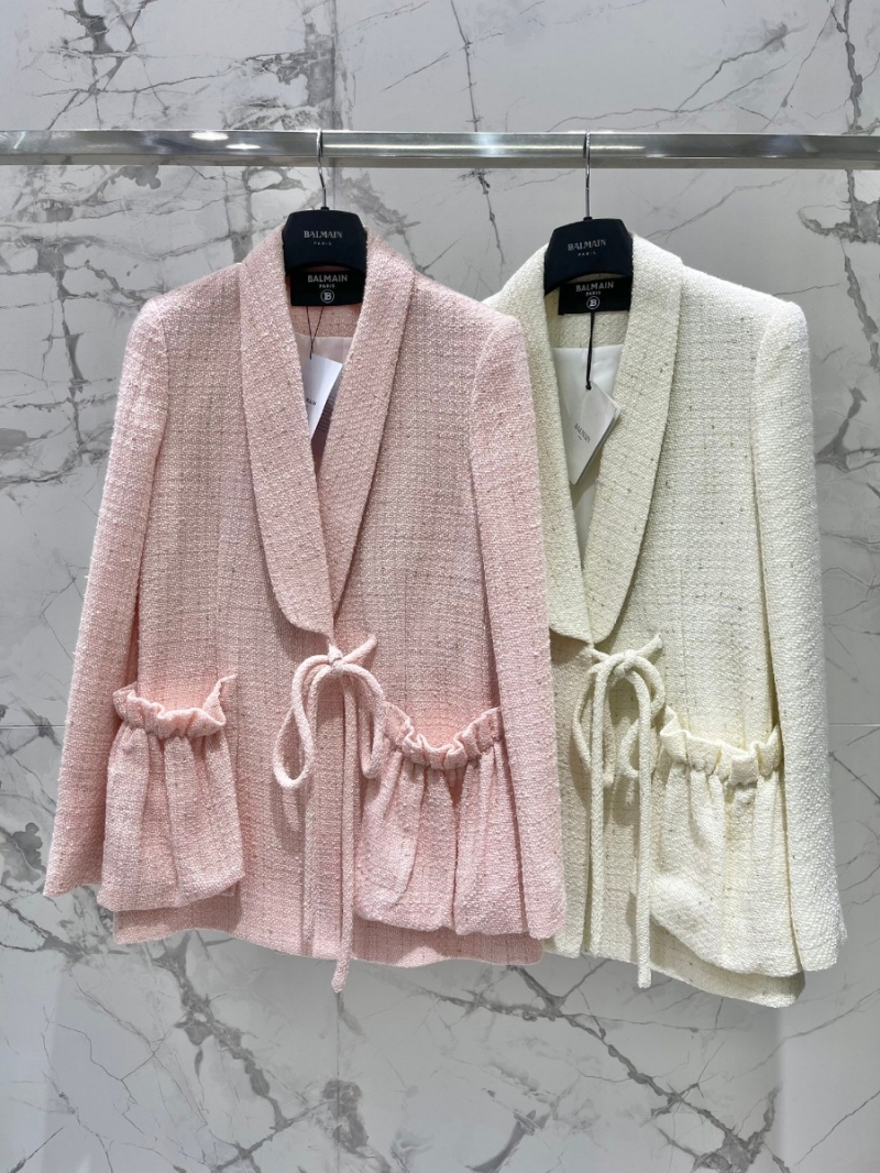 Balmain Ruffle Pocket Tie Blazer White