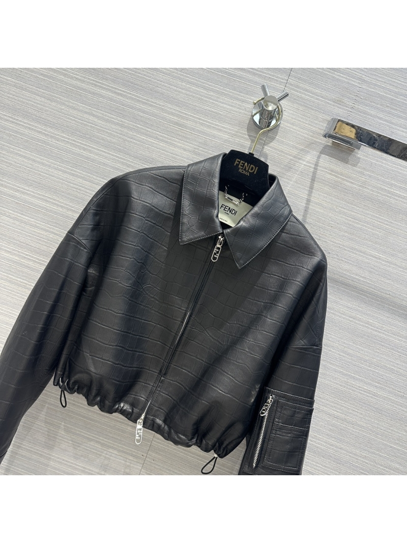 Fendi Contemporary Cropped Lambskin Leather Jacket with Adjustable Waist Black