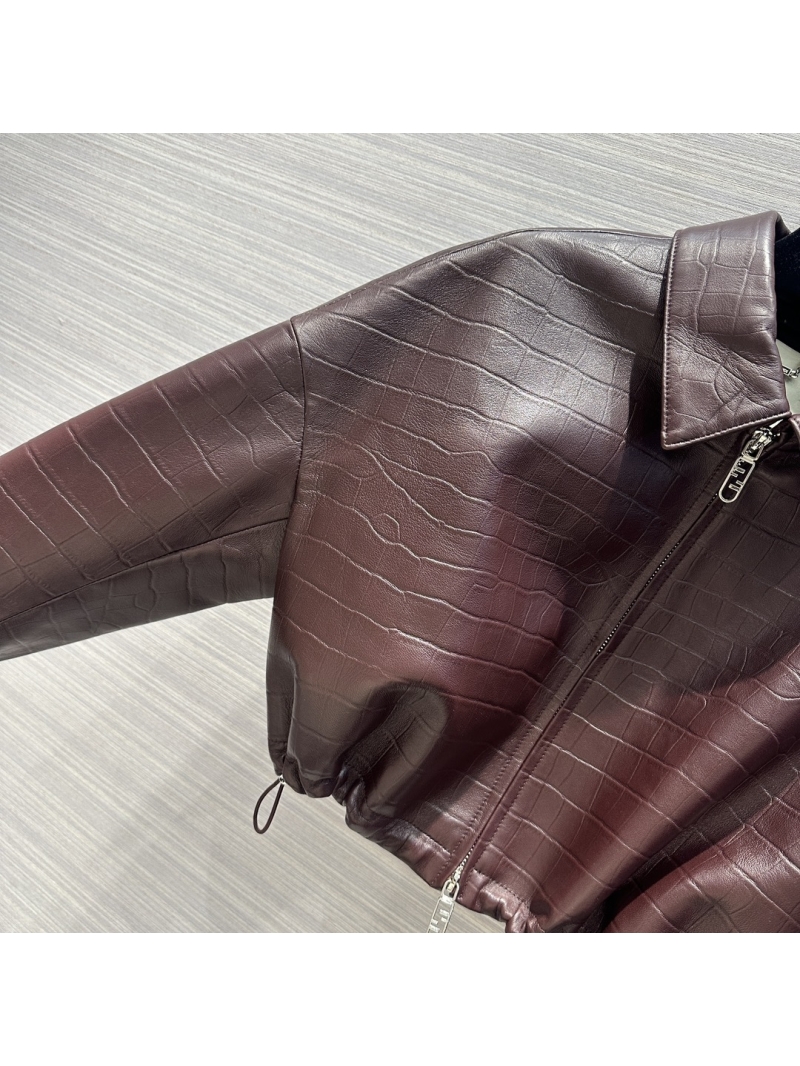 Fendi Contemporary Cropped Lambskin Leather Jacket with Adjustable Waist Claret