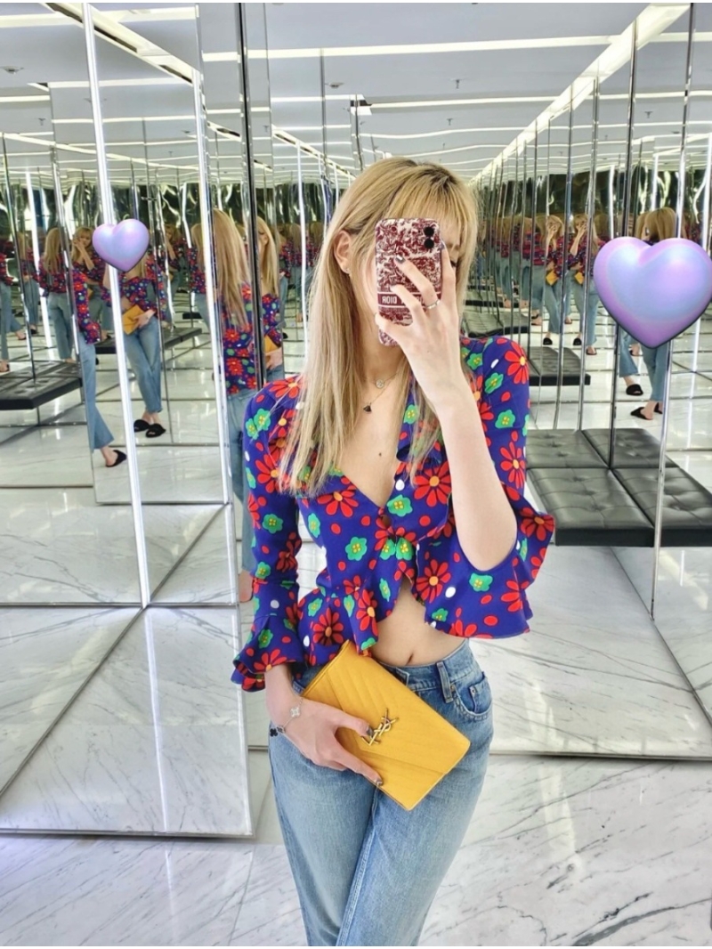 SAINT LAURENT Pop Art Floral Silk Blouse in Tiffany Green and Red