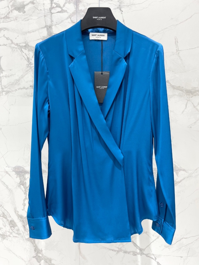 YSL Saint Laurent Luxe Silk Collection Elegance Wrap-Style Blouse Blue
