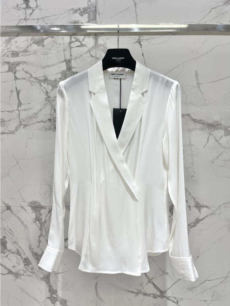 YSL Saint Laurent Luxe Silk Collection Elegance Wrap-Style Blouse White