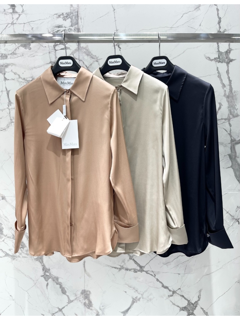 MAXMARA SS24 Pure Color Long-Sleeve Mulberry Silk Shirt Grey