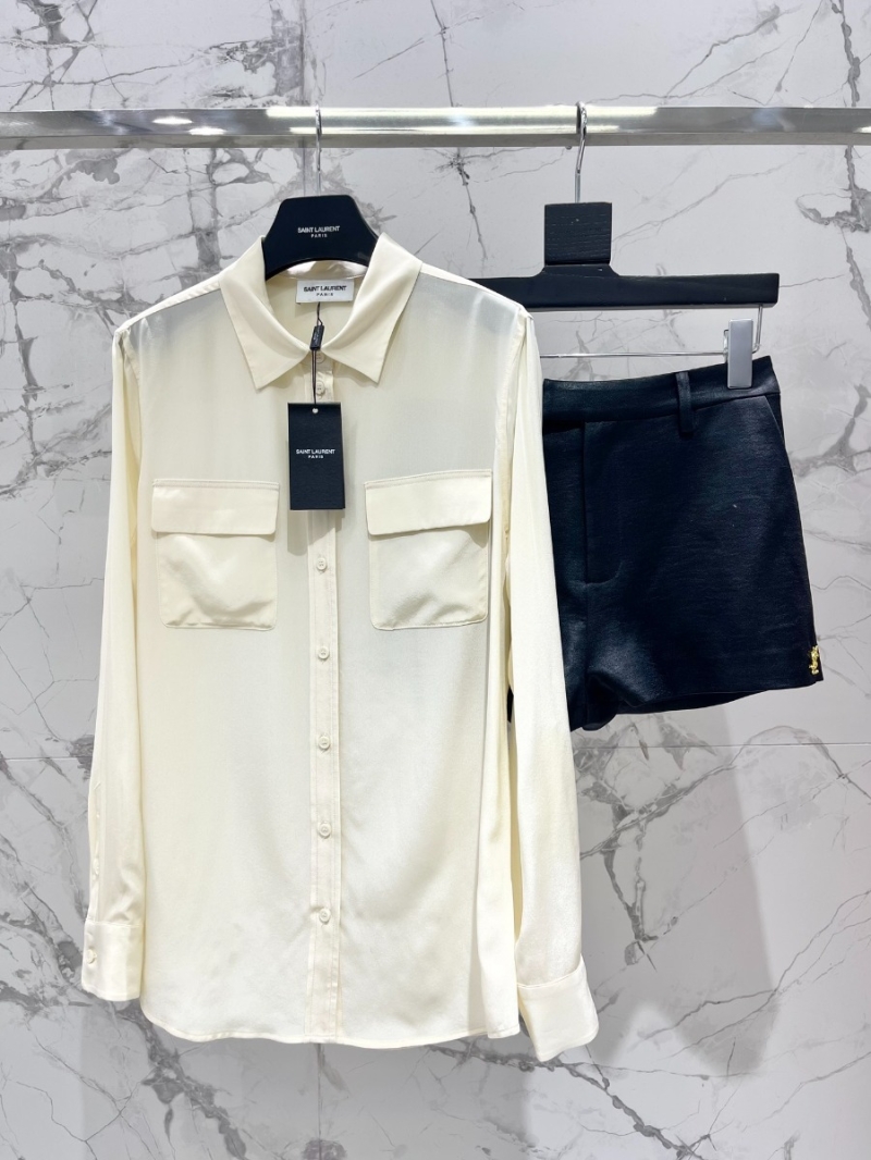 SAINT LAURENT 2024 Spring/Summer Double-Pocket Double Crêpe Silk Shirt White