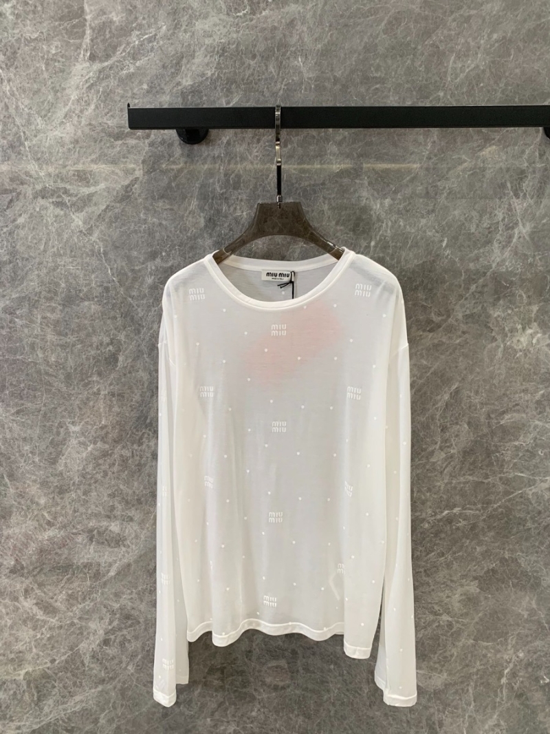 Miu Miu 25SS Spring/Summer New Collection Lightweight Logo Polka Dot Print Sunscreen Long Sleeve T-Shirt - White