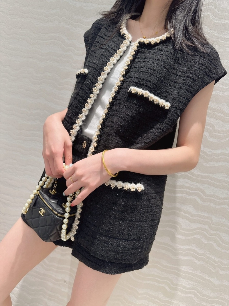 Chanel Limited Edition Coco Girl Pearl Embellished Vest Set. Black Accent