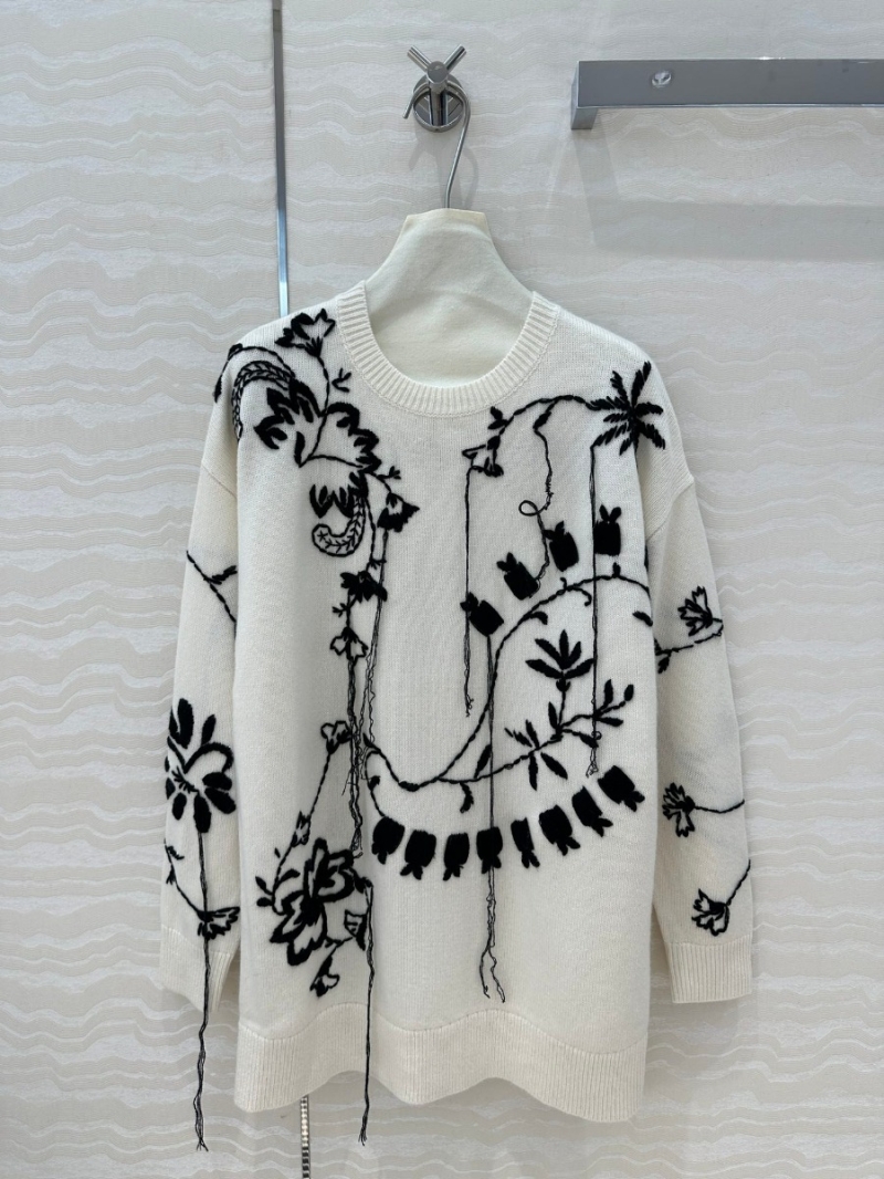 Max Mara Black and White Cashmere Sweater with Embroidered Floral Pattern