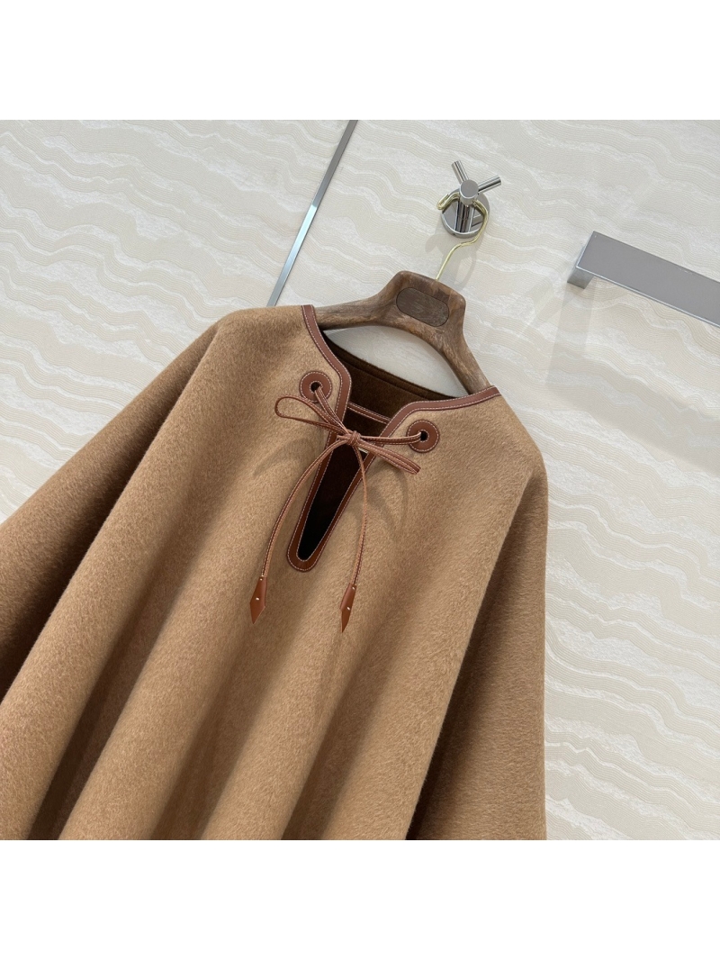 Loro Piana Luxury Leather Trim Wool-Cashmere Cape. Beige
