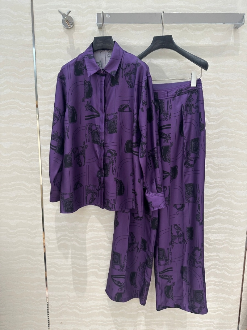 Hermès Chain & Rope Print Silk Wide-Leg Trousers - Purple