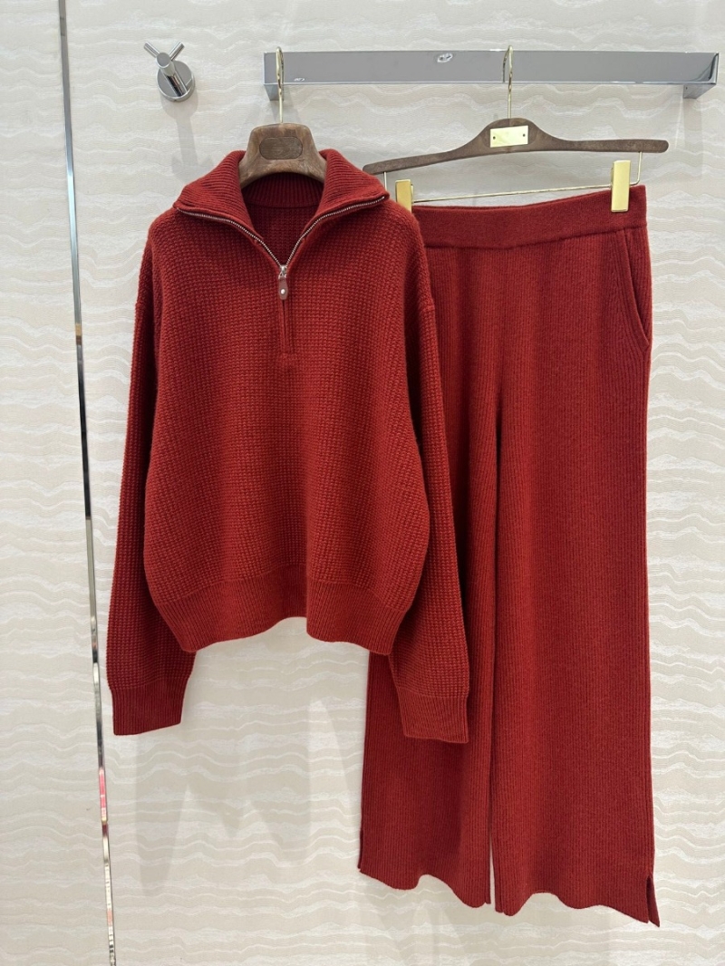 Loro Piana Premium Cashmere Set - Zipper Collar Sweater and Split-Hem Pants - Rust Red