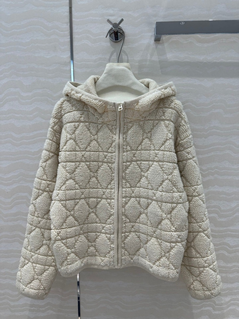 Dior Miss Dior Teddy Fleece Hooded Jacket – Cozy Diamond Quilted Cashmere-Wool Jacket. Creamy White